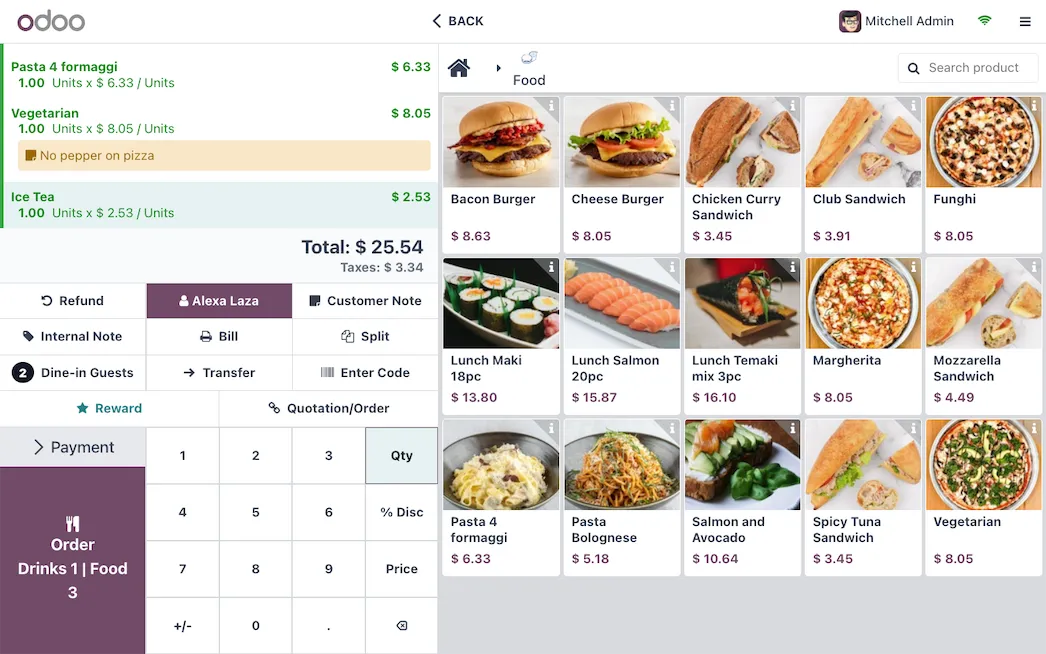 The official Odoo Point of Sale interface with a product grid and an order being rung up